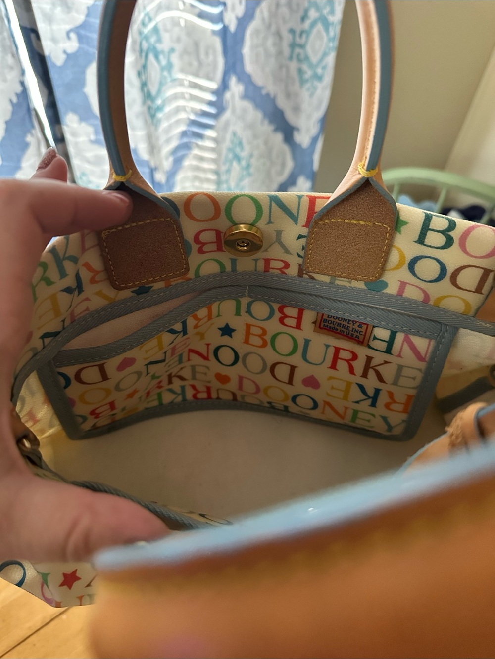 Dooney & Bourke Cream Multicolor Logo Canvas Tote with Tan Leather Trim - Picture 3 of 6